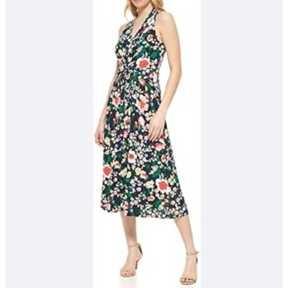 Tommy Hilfiger Floral Twist Front Sleeveless Midi Dress Sz 12 Navy Blue Preppy